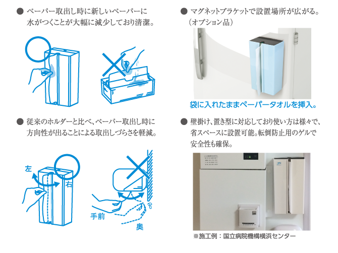 スッキリデザインで省スペースに設置可能！！ペーパーを取り出す時に手を濡らしている水が次のペーパーへ付くことがほとんどない為、常に清潔に使用できる PTH200。