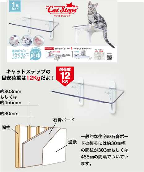 キャットステップの目安荷重は12Kgだよ! 耐荷重12kg 約303mmもしくは約455mm 約30mm 間柱 石膏ボード 壁紙 一般的な住宅の石膏ボードの後ろには約30㎜幅の間柱が303㎜もしくは455㎜の間隔でついています。